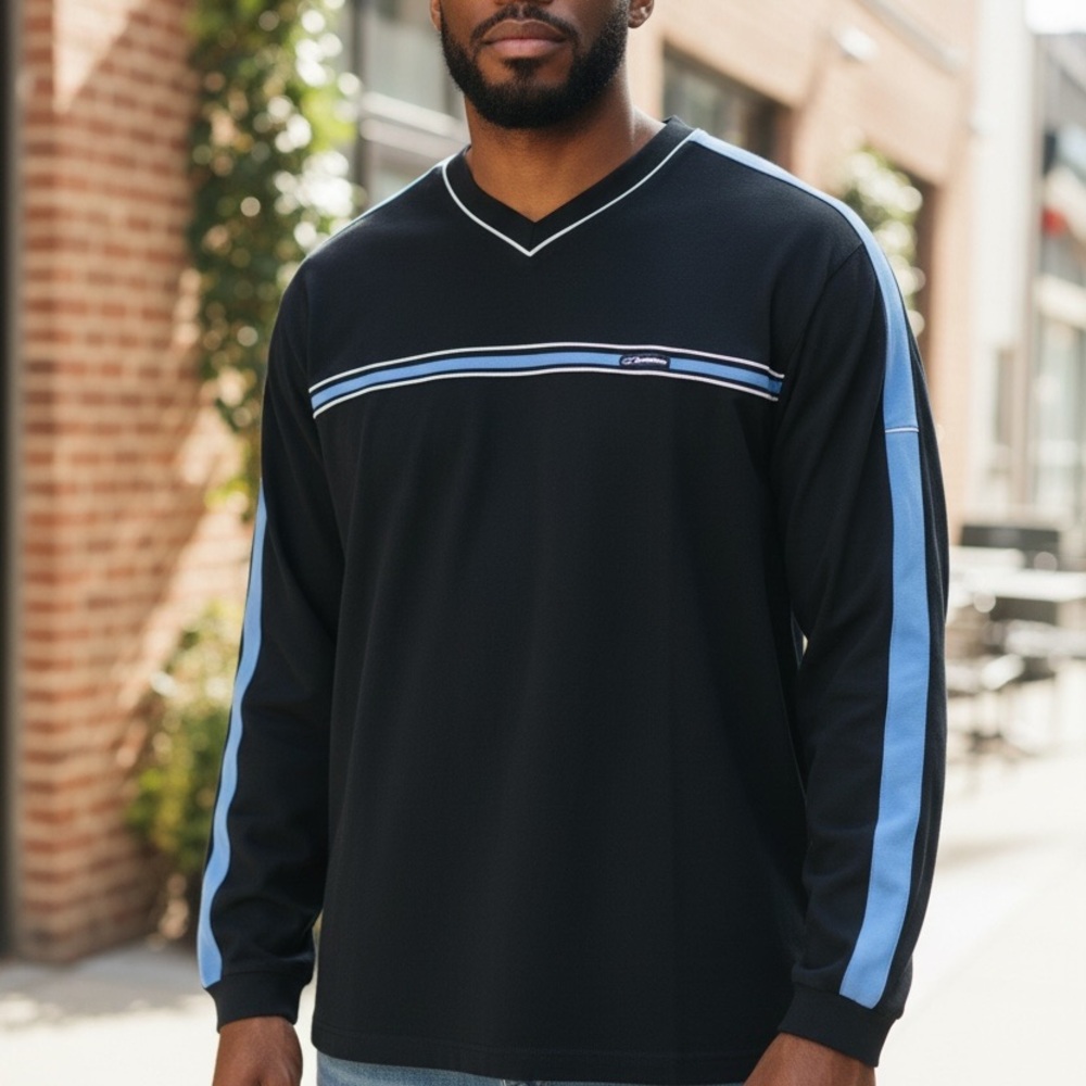 Vintage Point Zero Black Long Sleeve V-Neck Shirt with Blue Stripe